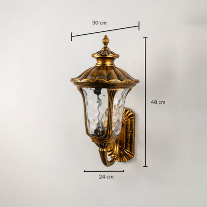 Antique gold outdoor wall lantern with textured glass measuring 48 cm height and 30 cm width ideal for exterior wall decor.