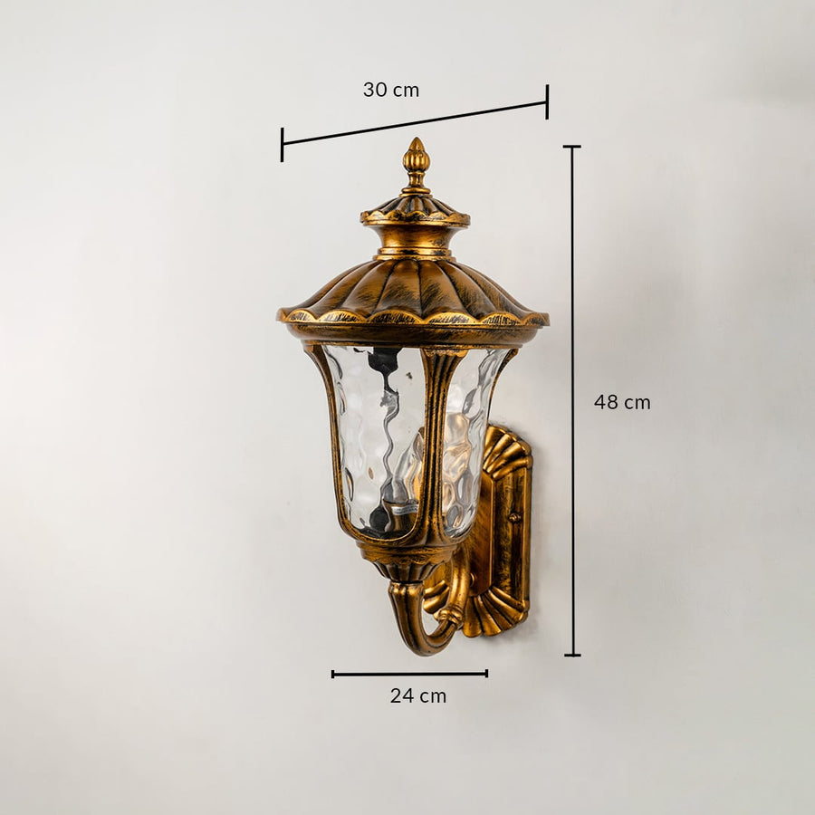 Antique gold outdoor wall lantern with textured glass measuring 48 cm height and 30 cm width ideal for exterior wall decor.