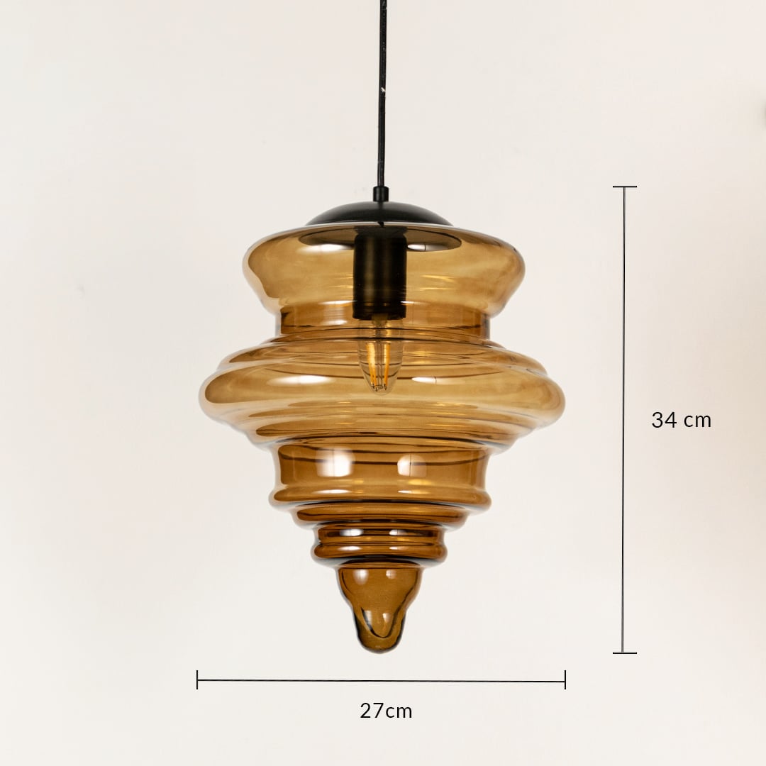 Amber ribbed glass pendant light measuring 34 cm height and 27 cm width for elegant modern ceiling lighting.