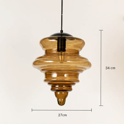 Amber ribbed glass pendant light measuring 34 cm height and 27 cm width for elegant modern ceiling lighting.