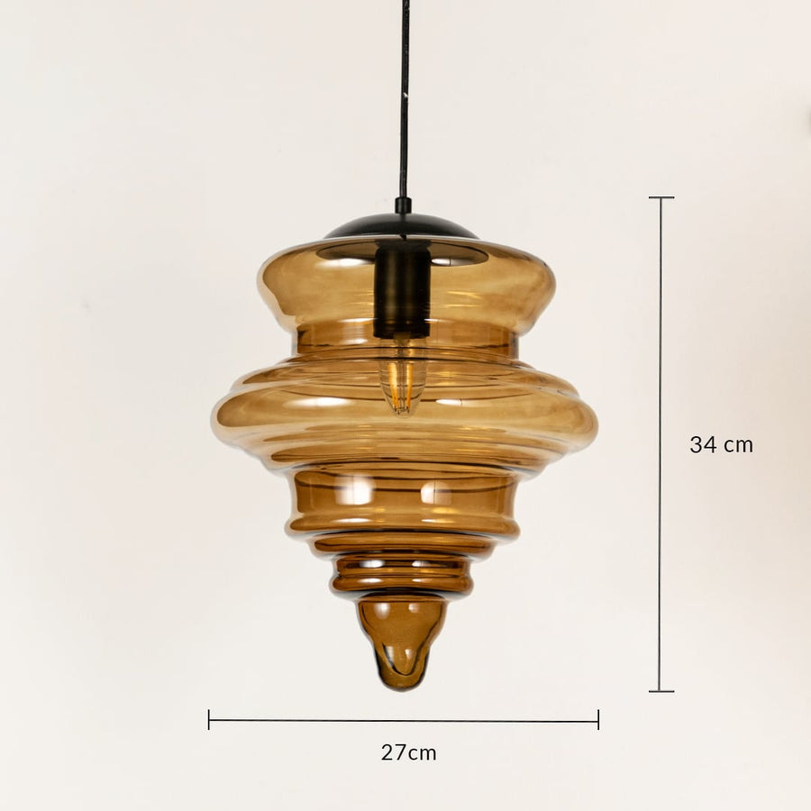 Amber ribbed glass pendant light measuring 34 cm height and 27 cm width for elegant modern ceiling lighting.