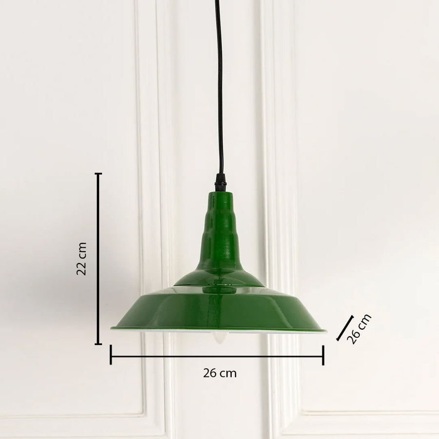 Green pendant light 22 cm tall and 26 cm wide shown for measurement detail ideal for kitchen or hallway lighting.