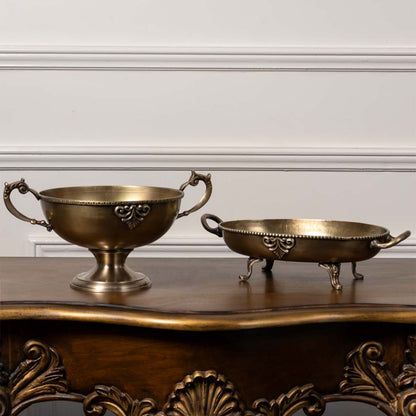 Set of brass decorative pedestal bowls with ornate handles antique finish centerpiece accents for dining table and home styling.