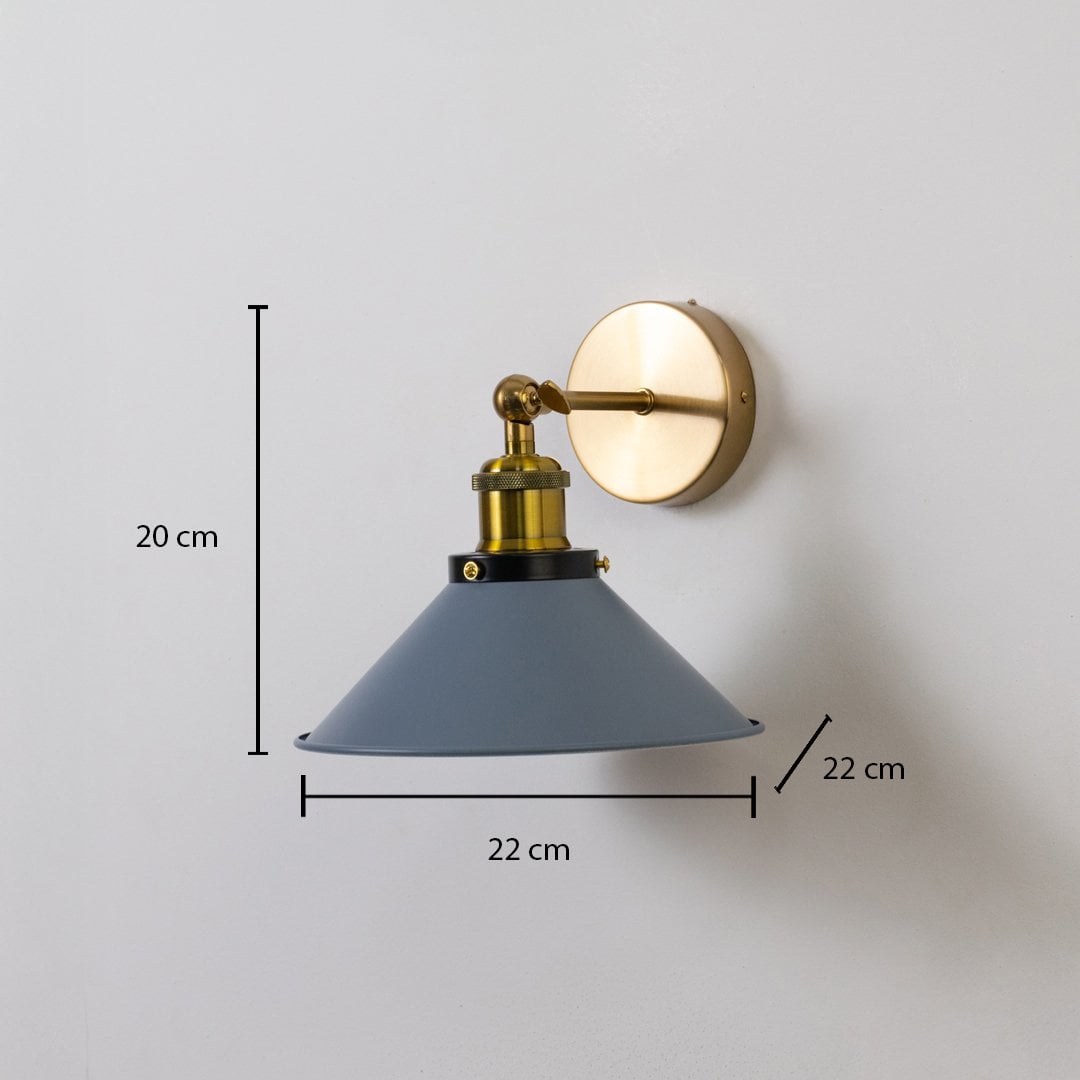 Grey cone wall lamp measuring 20 cm height and 22 cm width displayed with dimensions for stylish home lighting.