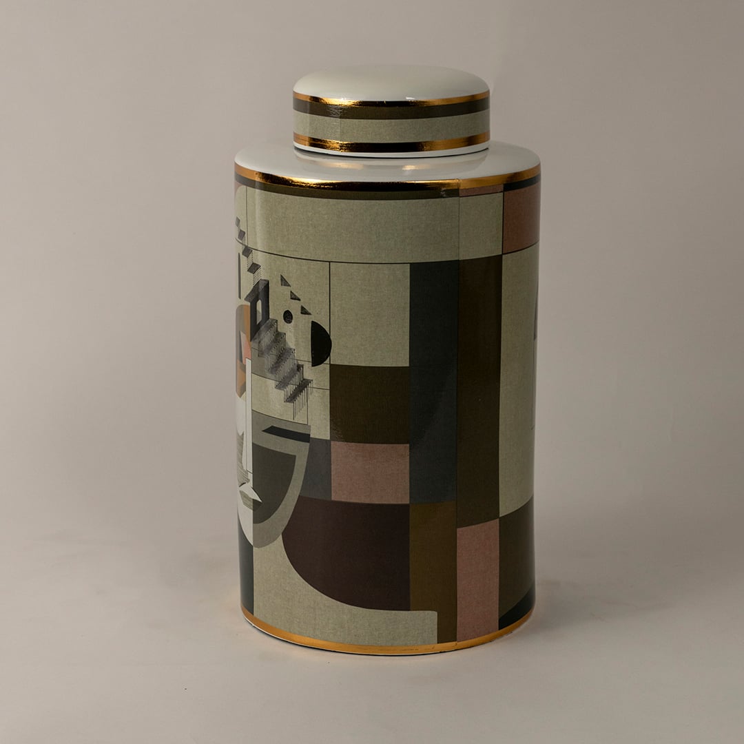 Minimal Abstract Face ceramic jar on white background displaying abstract facial pattern and muted color palette.