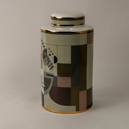 Minimal Abstract Face ceramic jar on white background displaying abstract facial pattern and muted color palette.