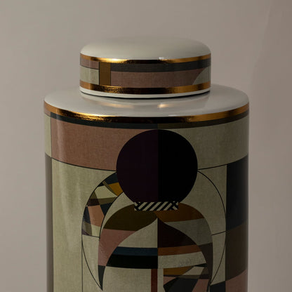 Closeup of Abstract Face ceramic jar showing intricate geometric pattern and fine gold detailing around the edges.