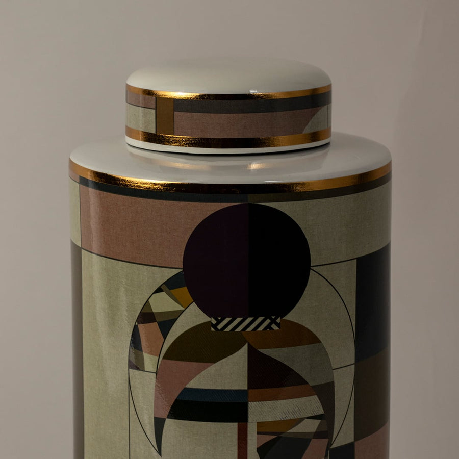 Closeup of Abstract Face ceramic jar showing intricate geometric pattern and fine gold detailing around the edges.