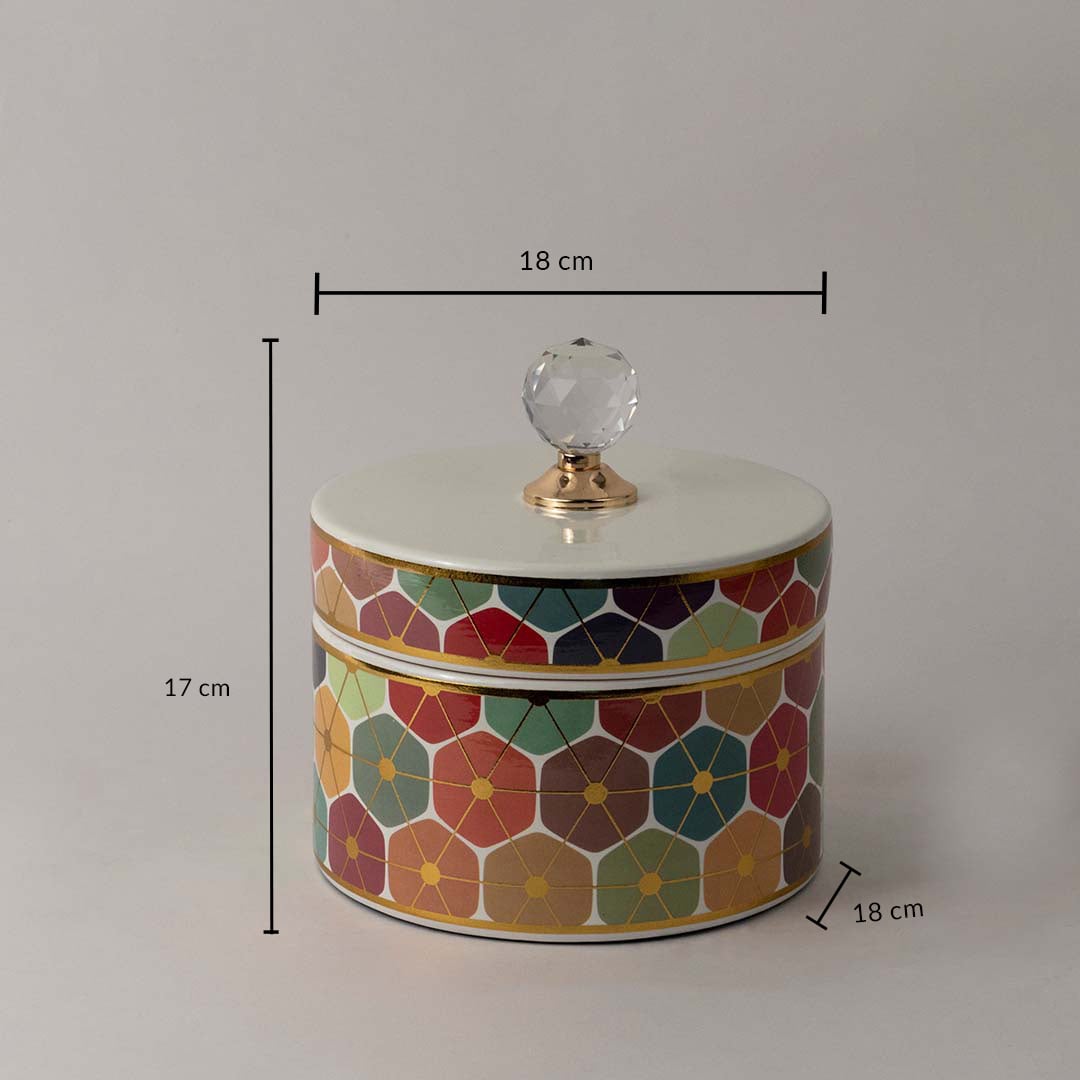 Decorative ceramic jar with geometric floral design and crystal knob shown with 17 cm height and 18 cm width size.