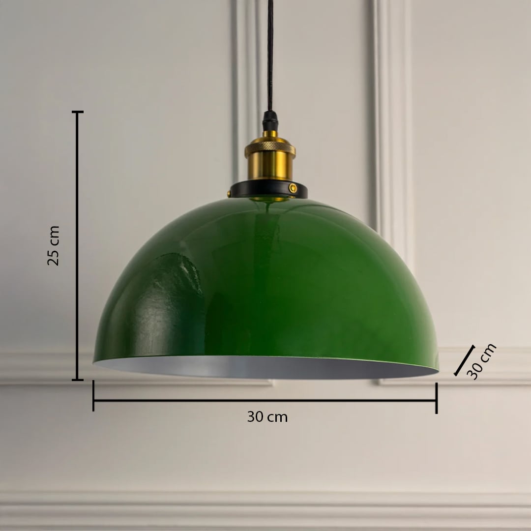 Green dome pendant light 25 cm tall and 30 cm wide shown for measurement reference suitable for kitchen lighting.