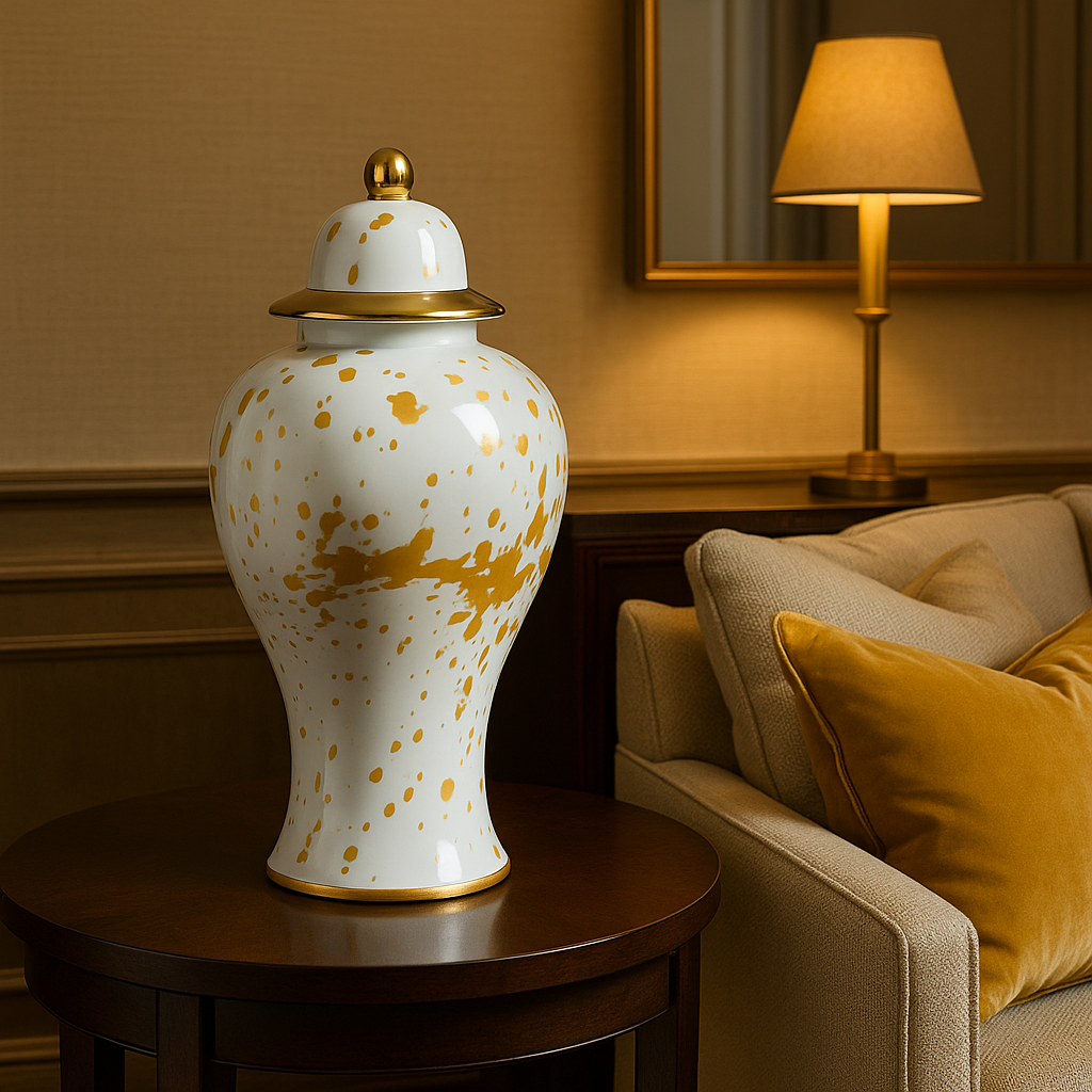 Luxury ceramic jar in white with golden splatter design styled on wooden table enhancing living room decor.
