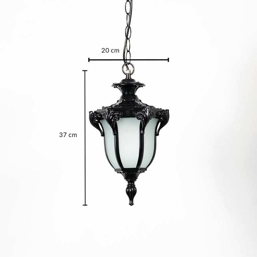 Black vintage lantern light dimension image showing 37 cm height and 20 cm width with elegant antique style.