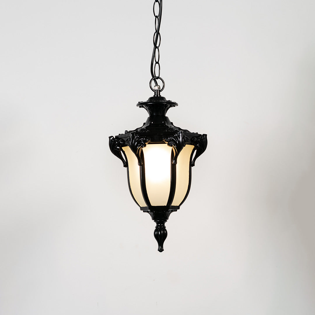Decorative black metal hanging lantern light with frosted textured glass for stylish patio decor.