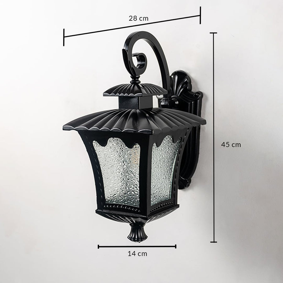 Lantern outdoor wall light measuring 45 cm in height 28 cm in width and 14 cm in depth features detailed scale markings.