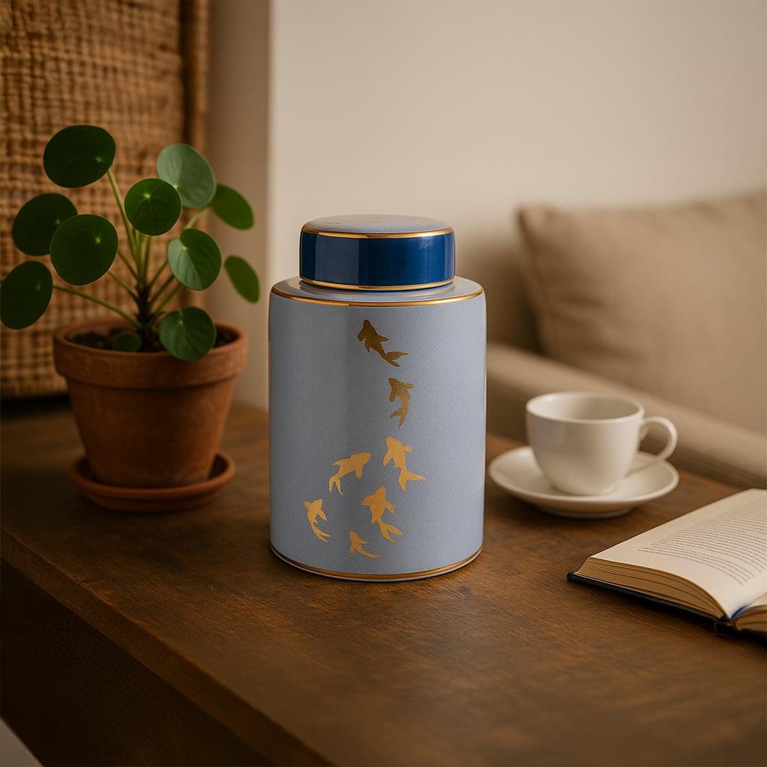 Elegant blue ceramic jar with golden fish design styled on wooden table beside plant and cup for modern decor.