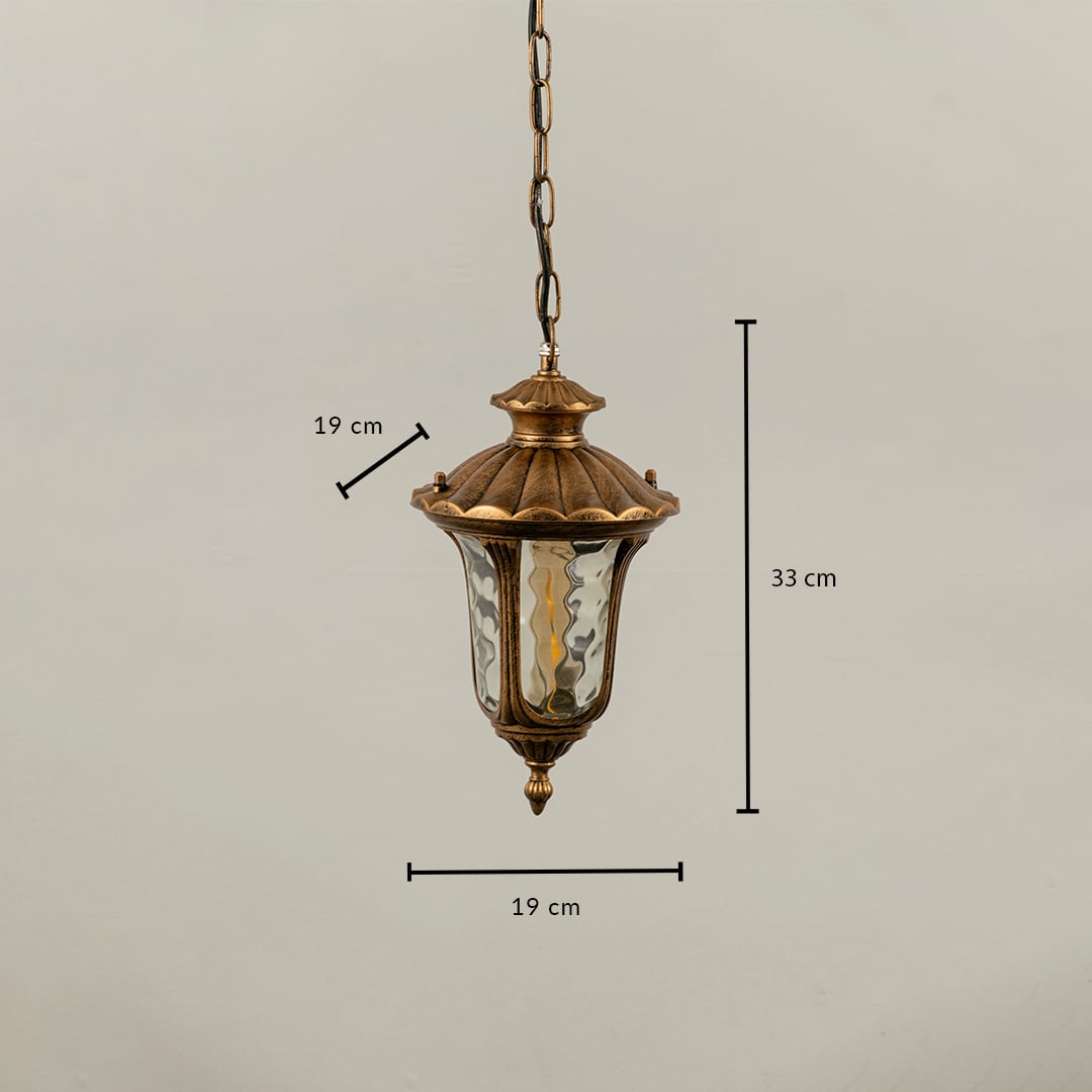 Gold metal outdoor lantern with textured glass showing size clearly with height 33 cm width 19 cm and depth 19 cm ideal for balcony patio and entryway lighting.