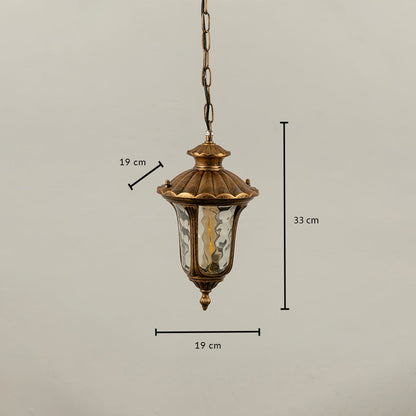 Gold metal outdoor lantern with textured glass showing size clearly with height 33 cm width 19 cm and depth 19 cm ideal for balcony patio and entryway lighting.
