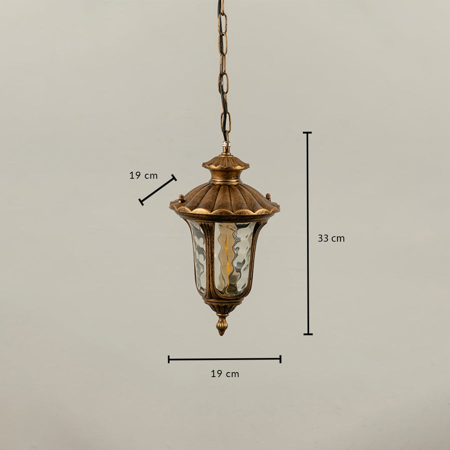 Gold metal outdoor lantern with textured glass showing size clearly with height 33 cm width 19 cm and depth 19 cm ideal for balcony patio and entryway lighting.