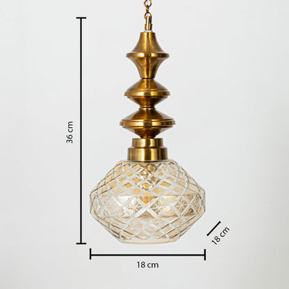 Clear lattice glass and brass pendant light dimension image with 18 cm width and 36 cm height for elegant dining placement.