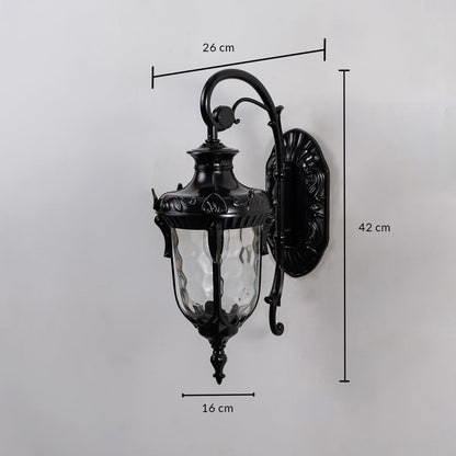 Black metal outdoor wall light dimension image with 30 cm height and clear glass shade for patio decor.