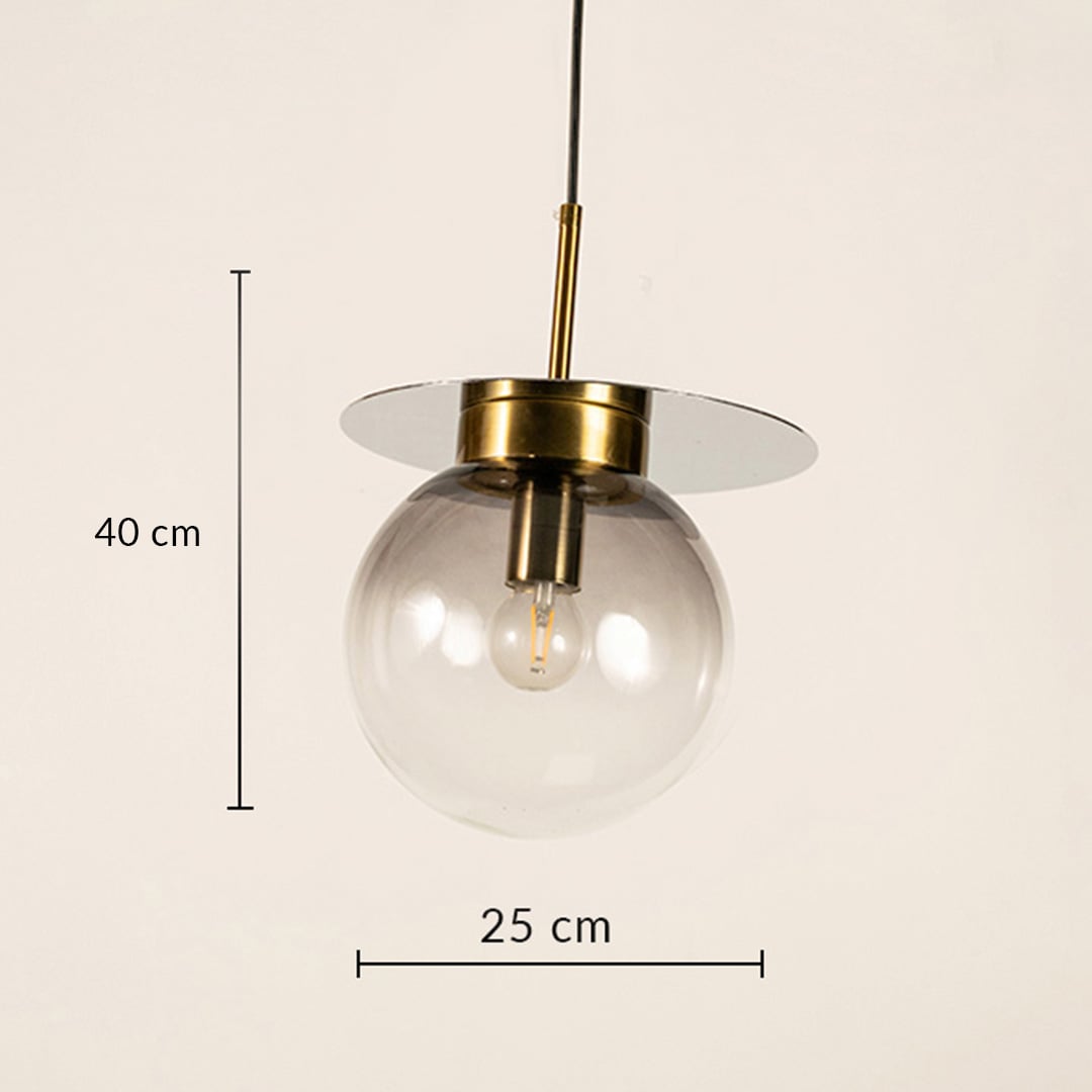 Designer smoked glass pendant light showing 40 cm height and 25 cm width ideal for dining living and modern luxury interiors.