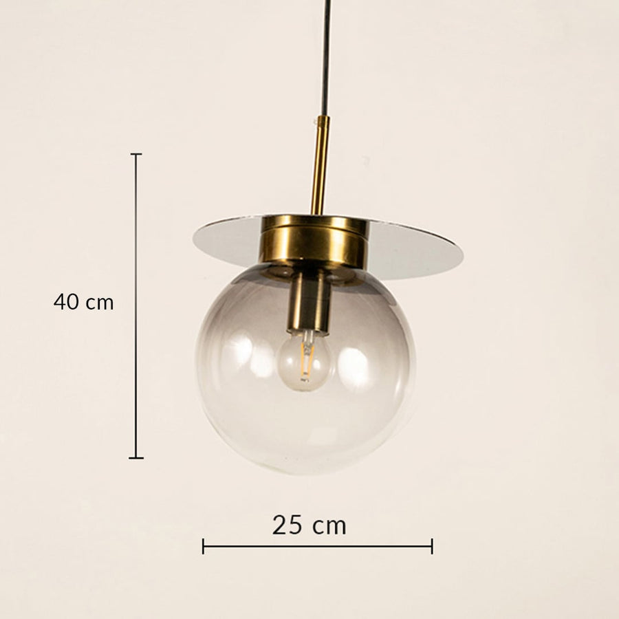 Designer smoked glass pendant light showing 40 cm height and 25 cm width ideal for dining living and modern luxury interiors.