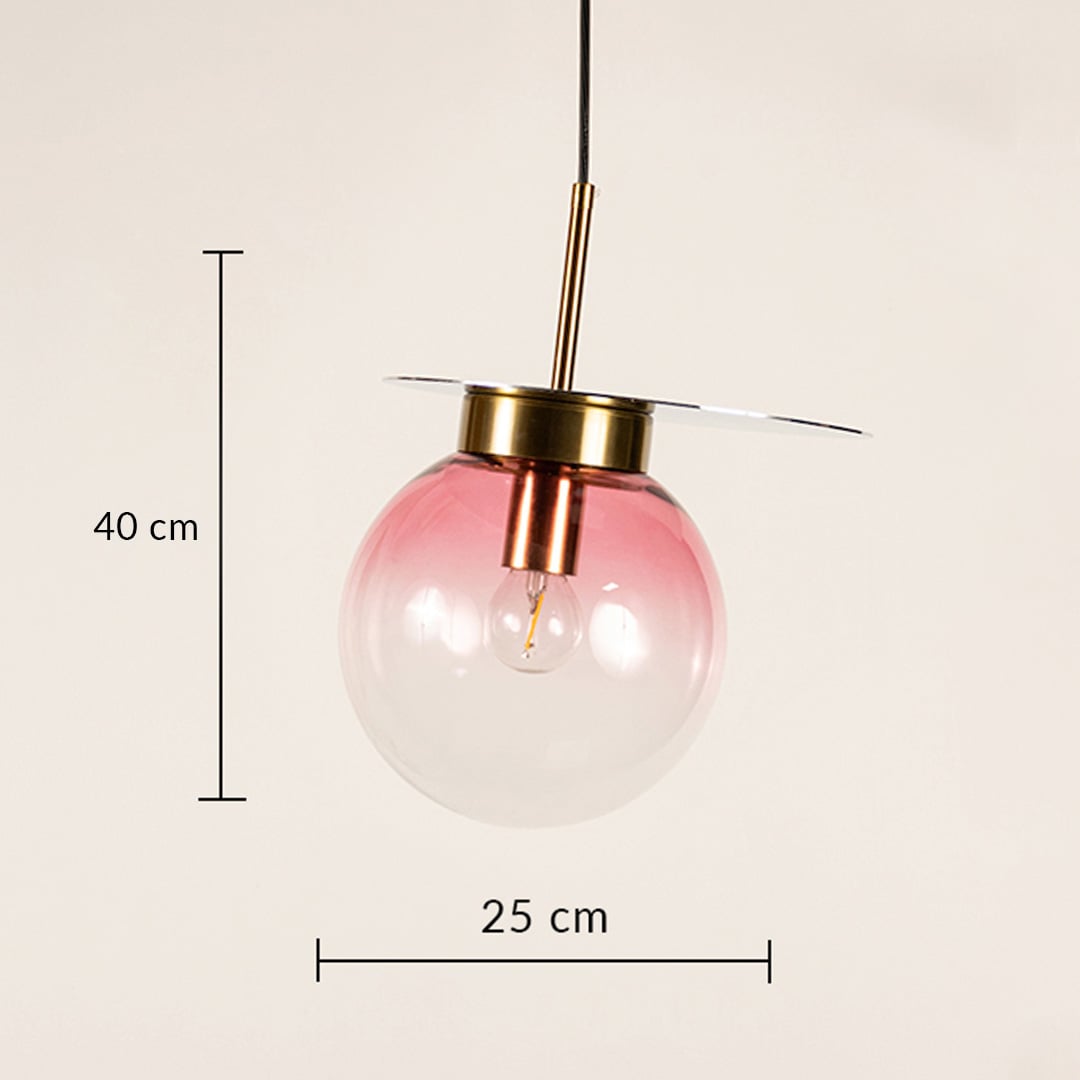 Glass globe pendant light with soft pink finish and gold metal top showing 40 cm height and 25 cm diameter for ceiling hanging.
