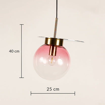 Glass globe pendant light with soft pink finish and gold metal top showing 40 cm height and 25 cm diameter for ceiling hanging.