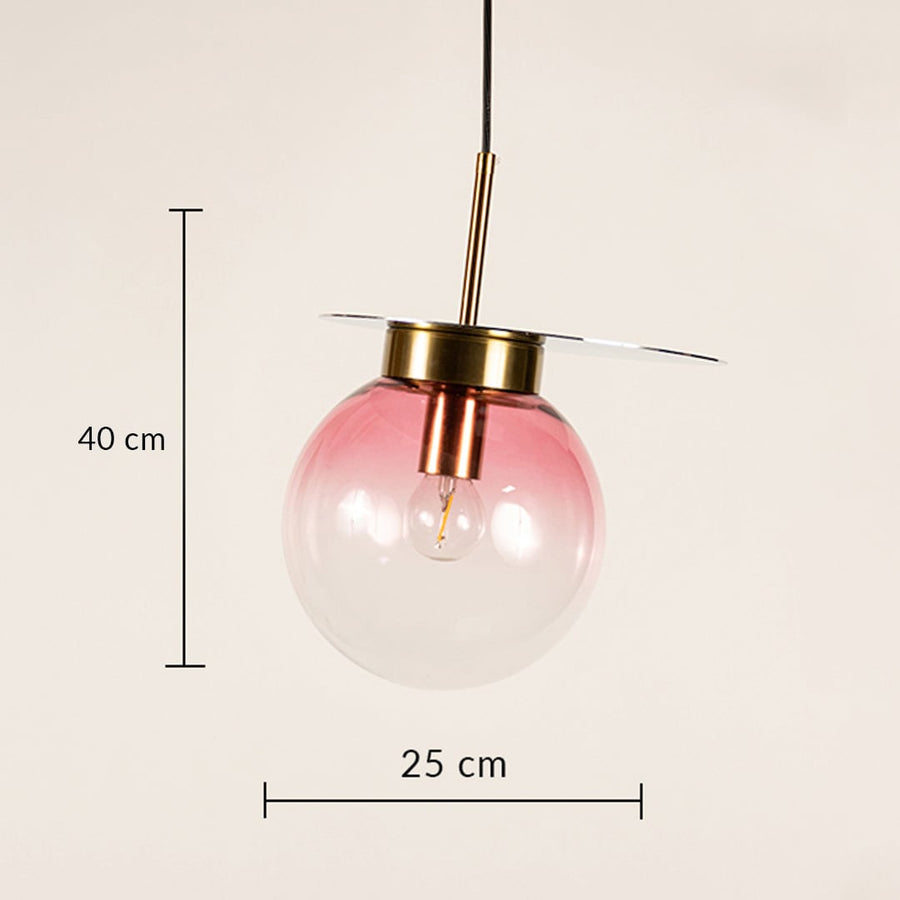 Glass globe pendant light with soft pink finish and gold metal top showing 40 cm height and 25 cm diameter for ceiling hanging.