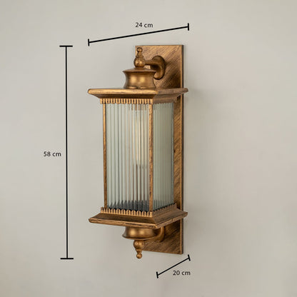 Antique brass metal outdoor wall light dimension image with 50 cm height and reeded glass shade for entry porch decor.