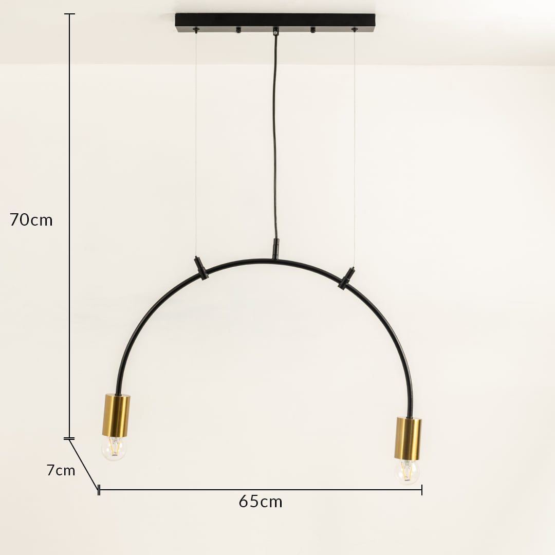 Pendant linear light shown with 70 cm height and 65 cm width featuring curved black metal frame and two metal bulb holders ideal for contemporary interior home decor lighting.