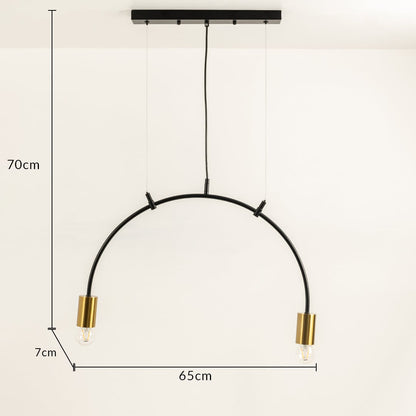 Pendant linear light shown with 70 cm height and 65 cm width featuring curved black metal frame and two metal bulb holders ideal for contemporary interior home decor lighting.