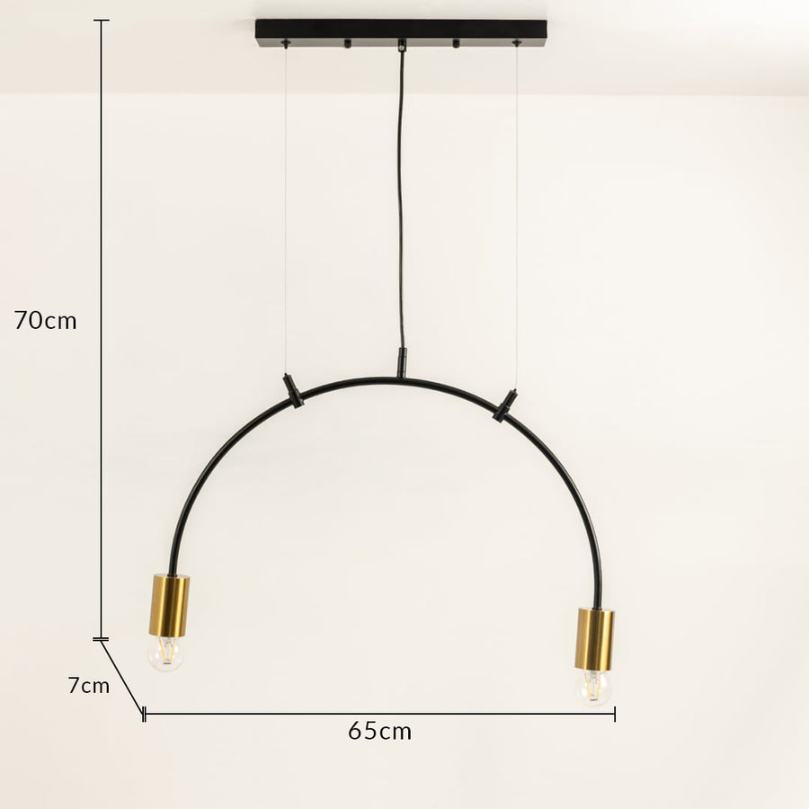 Pendant linear light shown with 70 cm height and 65 cm width featuring curved black metal frame and two metal bulb holders ideal for contemporary interior home decor lighting.