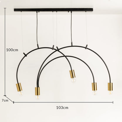 A black metal chandelier with gold bulb holders shown with detailed measurements displaying a height of 100cm width of 103cm and depth of 7cm for accurate sizing.