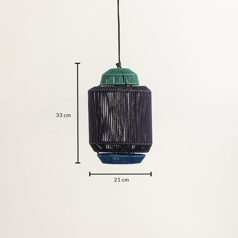Pendant light with dark woven cylindrical shade shown with dimensions of 30 cm width and 50 cm height creating a warm handcrafted accent for interior decor.