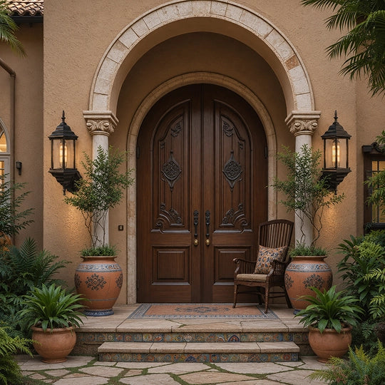 A grand, symmetrical front entrance featuring a large dark brown wooden double door with ornate black metal hardware, set within a beige stucco archway. The doorway is flanked by two large terracotta planters with potted palm trees, a single woven armchair with a patterned cushion, and warm wall-mounted lanterns.