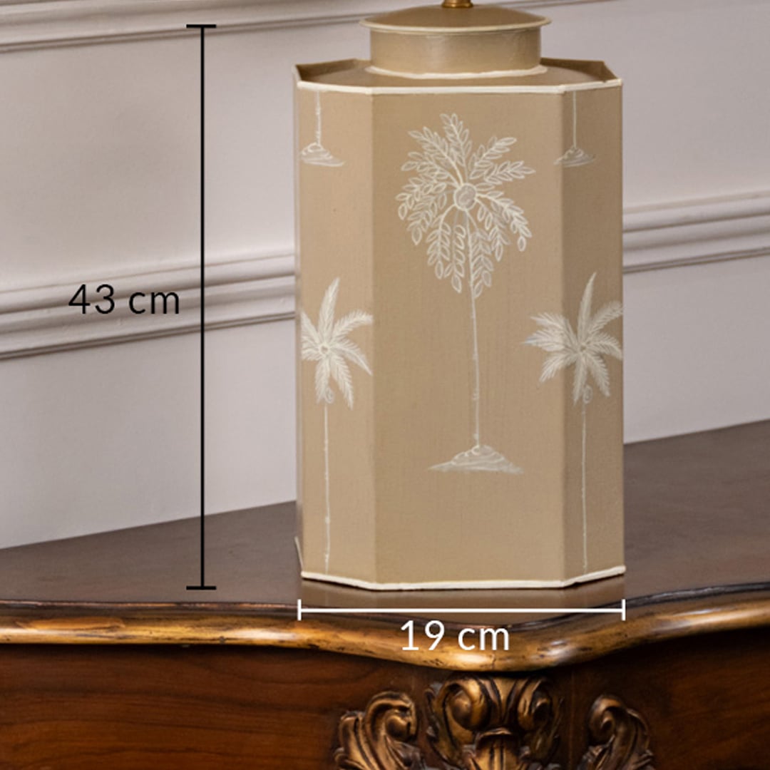 Table lamp dimension image highlighting beige ceramic base with subtle palm design measuring about 43 cm height and 18 cm width.