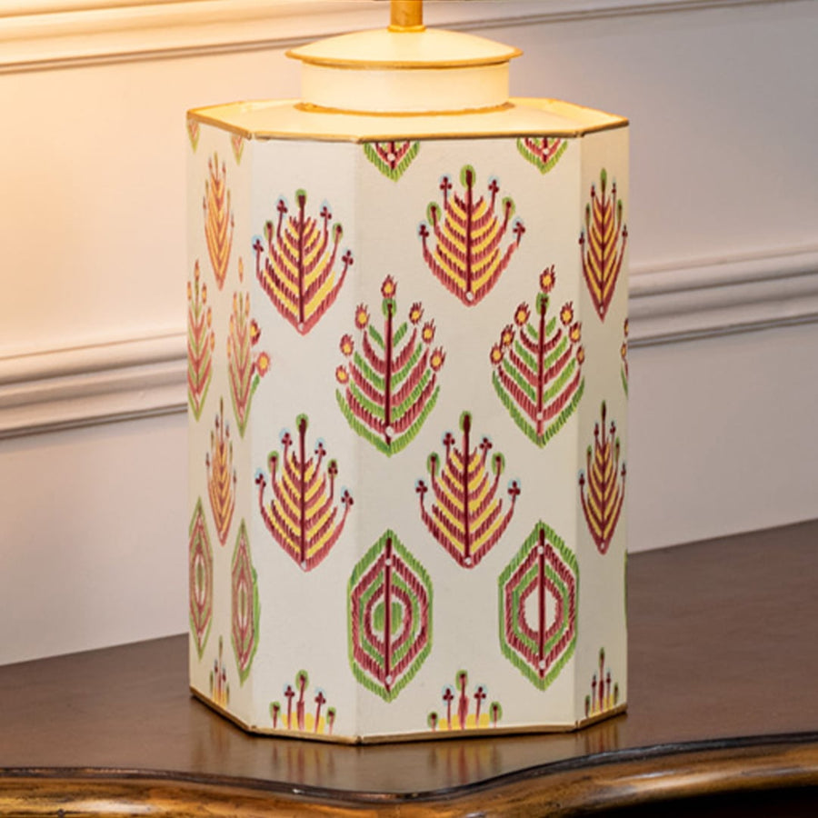 Table lamp closeup highlighting patterned ceramic base with symmetrical leaf motifs and fine handcrafted detailing.