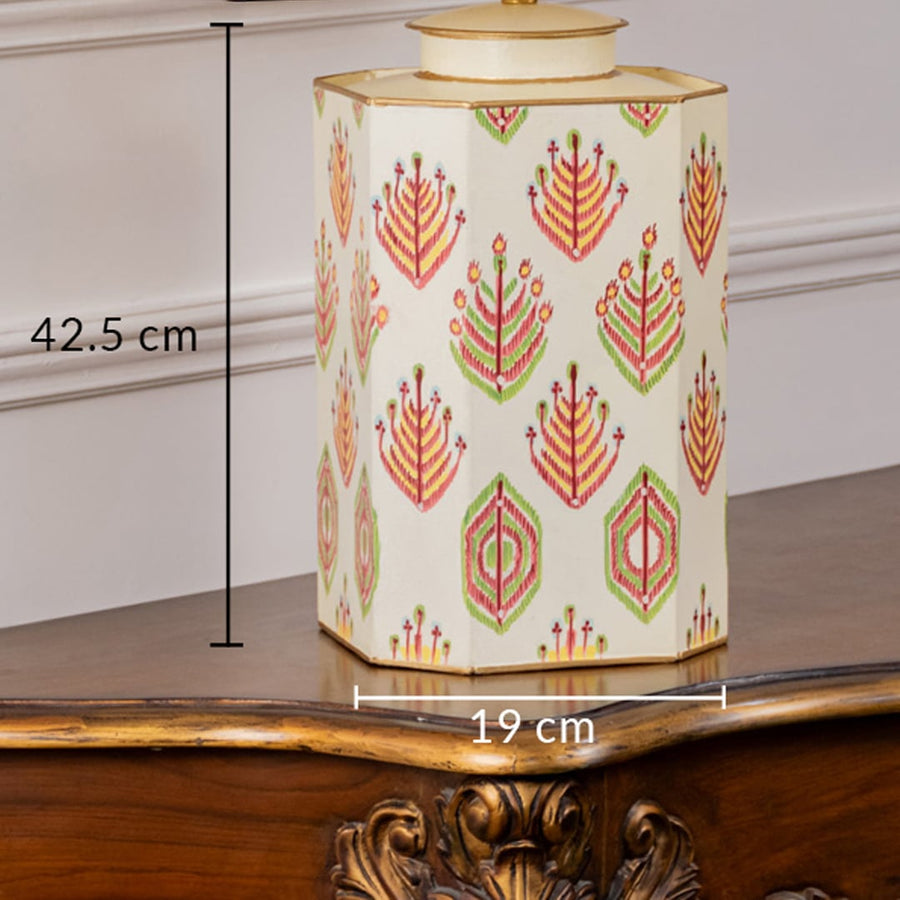 Table lamp dimension image highlighting patterned ceramic base with leaf motifs measuring about 42.5 cm height and 19 cm width.
