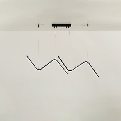 Black sculptural pendant chandelier with flowing wave shaped LED bars suspended gracefully creating a striking artistic statement that enhances modern interior design.