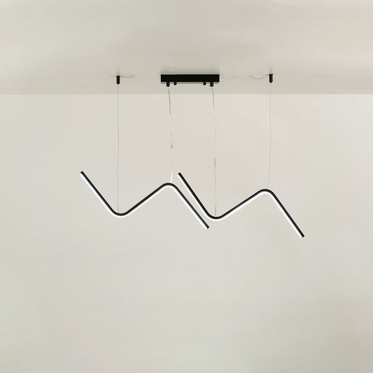 Black sculptural pendant chandelier with flowing wave shaped LED bars suspended gracefully creating a striking artistic statement that enhances modern interior design.