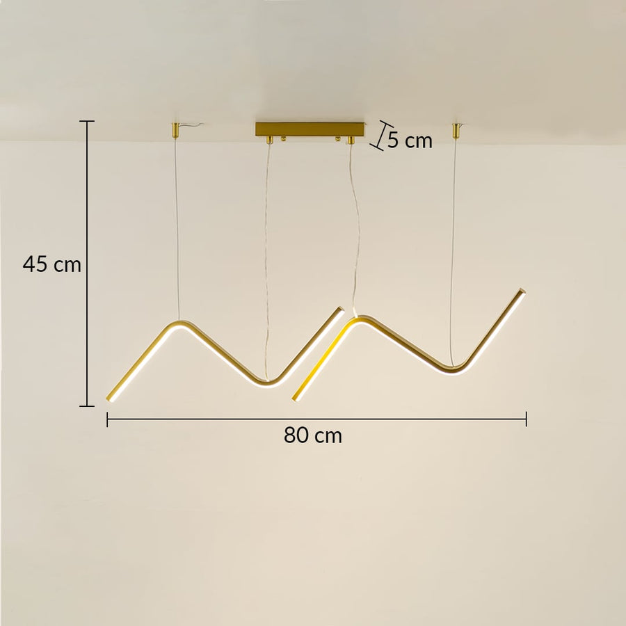 Gold wave LED chandelier shown with dimensions of 80 cm width 45 cm height and 25 cm canopy ideal for modern living room lighting and stylish contemporary ceiling decor.