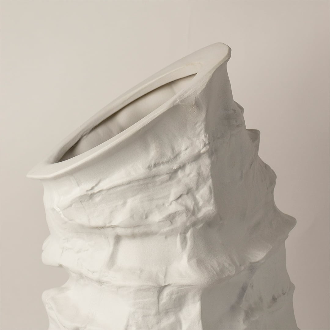 Closeup of Eclipse ceramic vase showing its rugged handmade texture and organic design crafted with artistic precision.