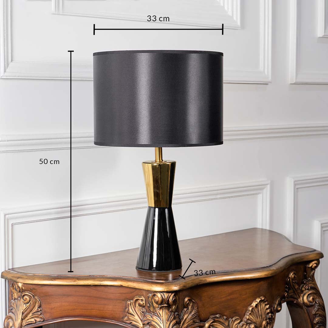 Black drum shade table lamp 50cm height 33cm width with gold brass accent dimension image showing modern elegant fixture.