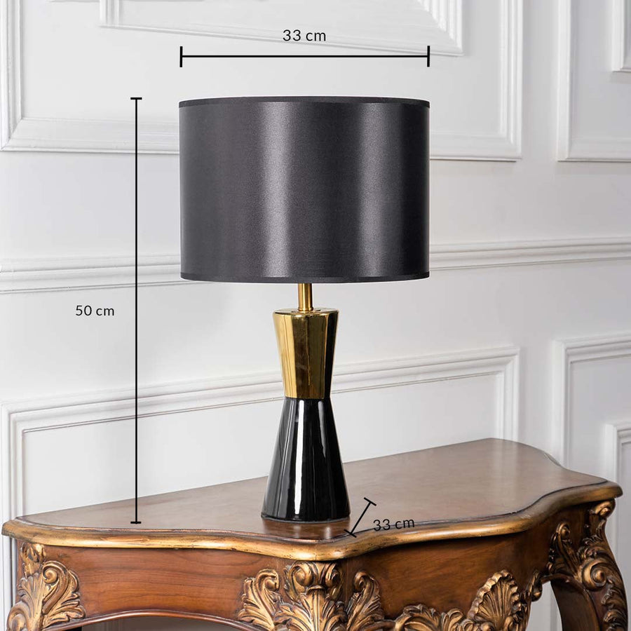 Black drum shade table lamp 50cm height 33cm width with gold brass accent dimension image showing modern elegant fixture.