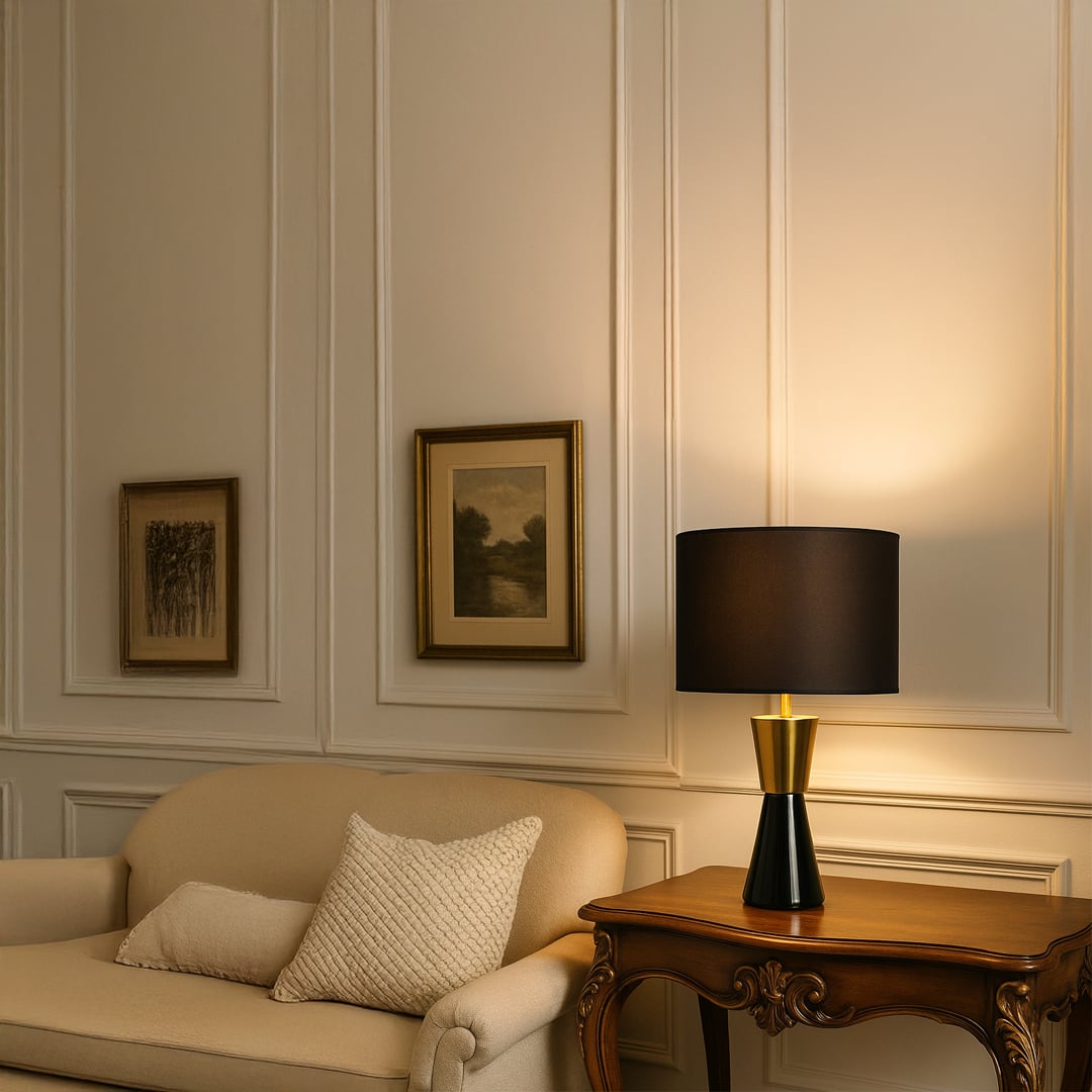 Black and gold table lamp with drum shade displayed on vintage console creating elegant modern classic interior lighting.