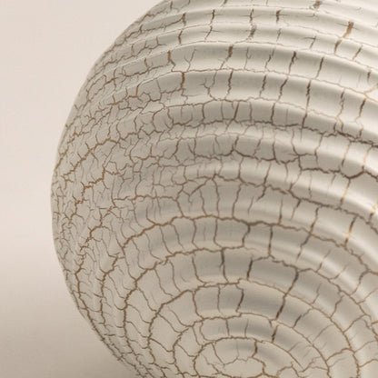 Closeup of white ceramic sphere with detailed crackle texture showing modern artistic finish and elegant design.