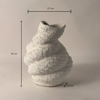 White ceramic sculptural vase with textured artistic design shown with 36 cm height and 27 cm width for modern home styling.