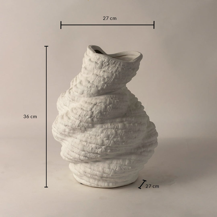 White ceramic sculptural vase with textured artistic design shown with 36 cm height and 27 cm width for modern home styling.