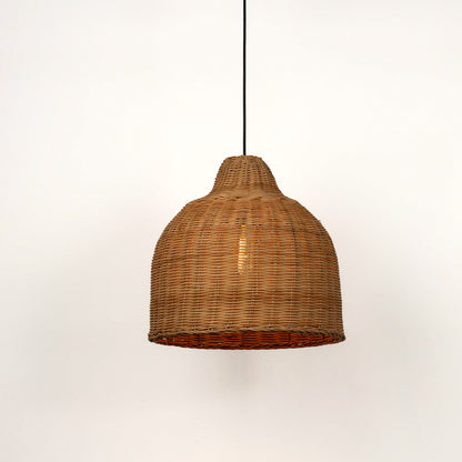 Woven rattan dome pendant light with warm glow natural hanging lamp for living room bedroom boho decor lighting.